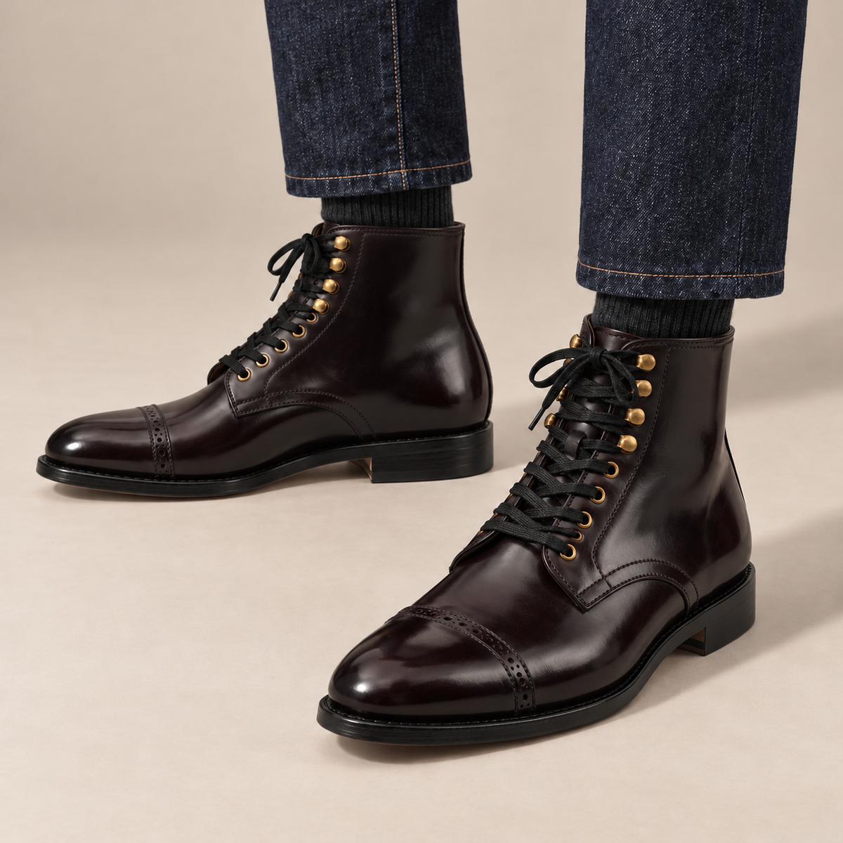 PASCH 267126B Dark Brown shell cordovan cap-toe boots, on-foot view