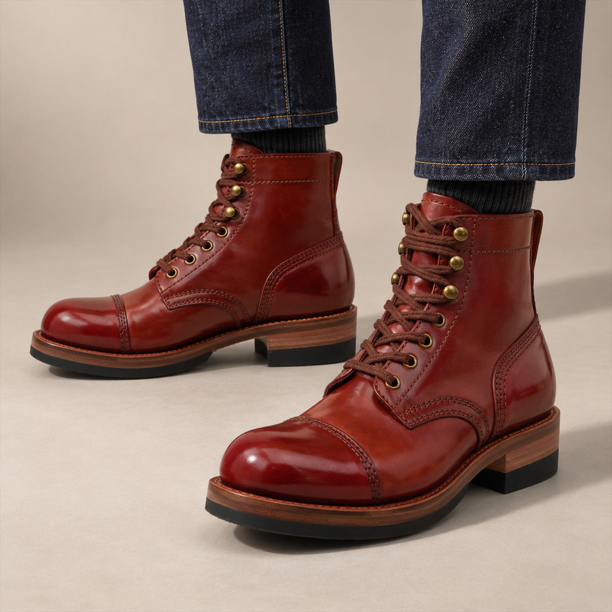 PASCH 267128A Brown shell cordovan footwear, on-foot view with both feet
