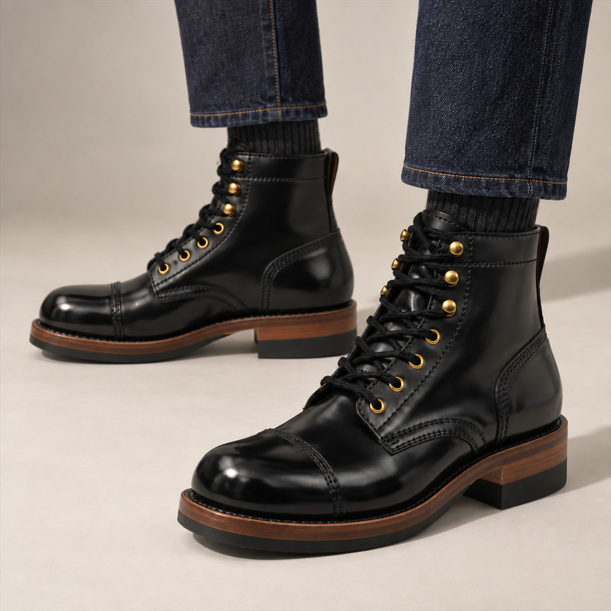 PASCH 267128B Black shell cordovan footwear, on-foot view with both feet