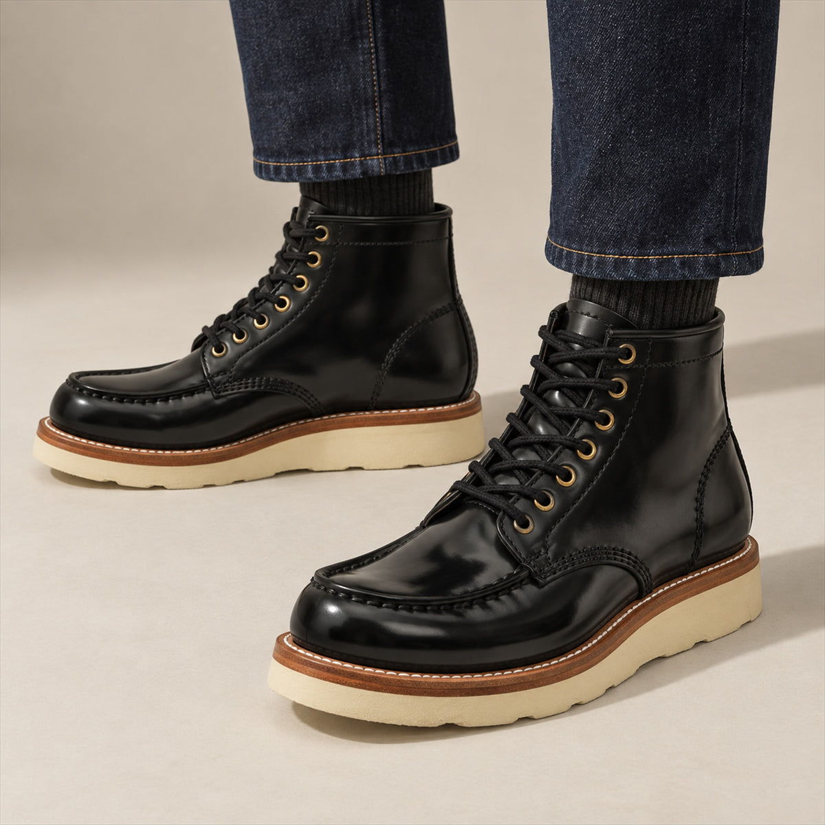 PASCH 267129B Black shell cordovan footwear, on-foot view with both feet