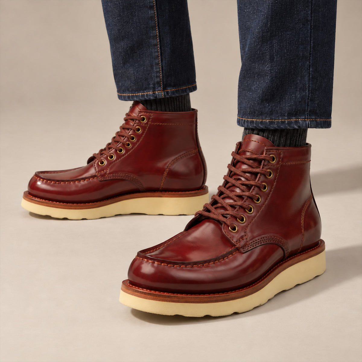 PASCH 267129C Brown shell cordovan footwear, on-foot view with both feet