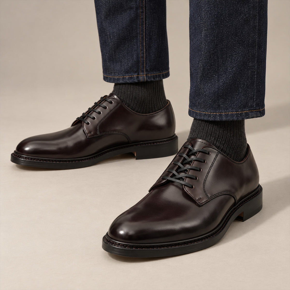 PASCH 267130A Dark Brown shell cordovan footwear, on-foot view with both feet