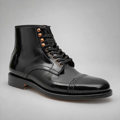 PASCH 267126A Black shell cordovan cap-toe boots, angle view