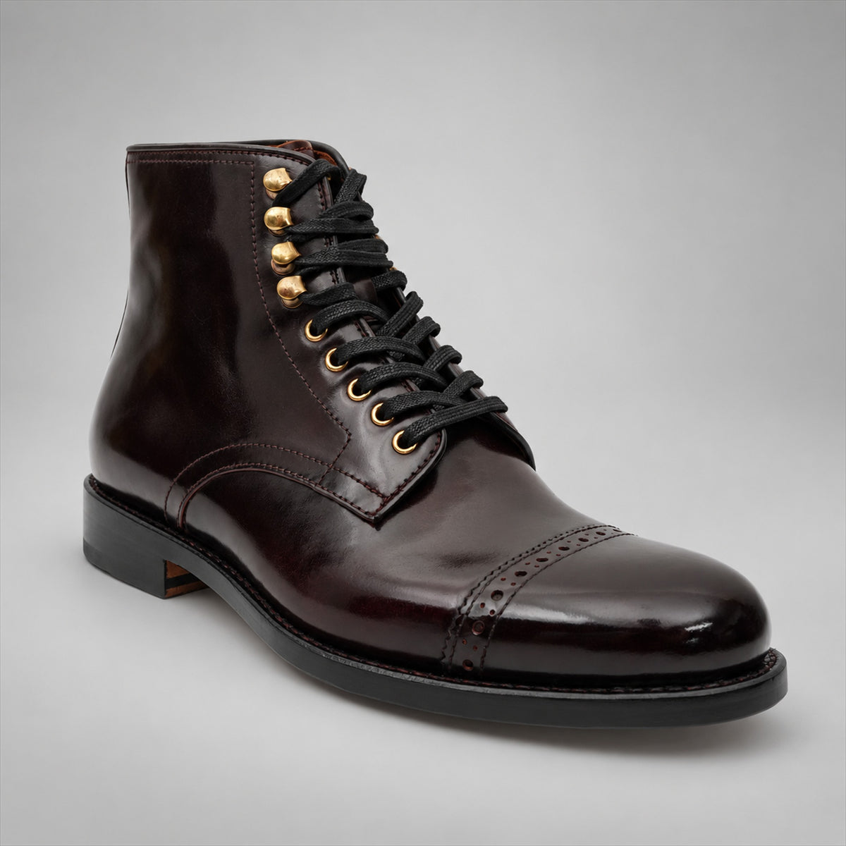PASCH 267126B Dark Brown shell cordovan cap-toe boots, angle view