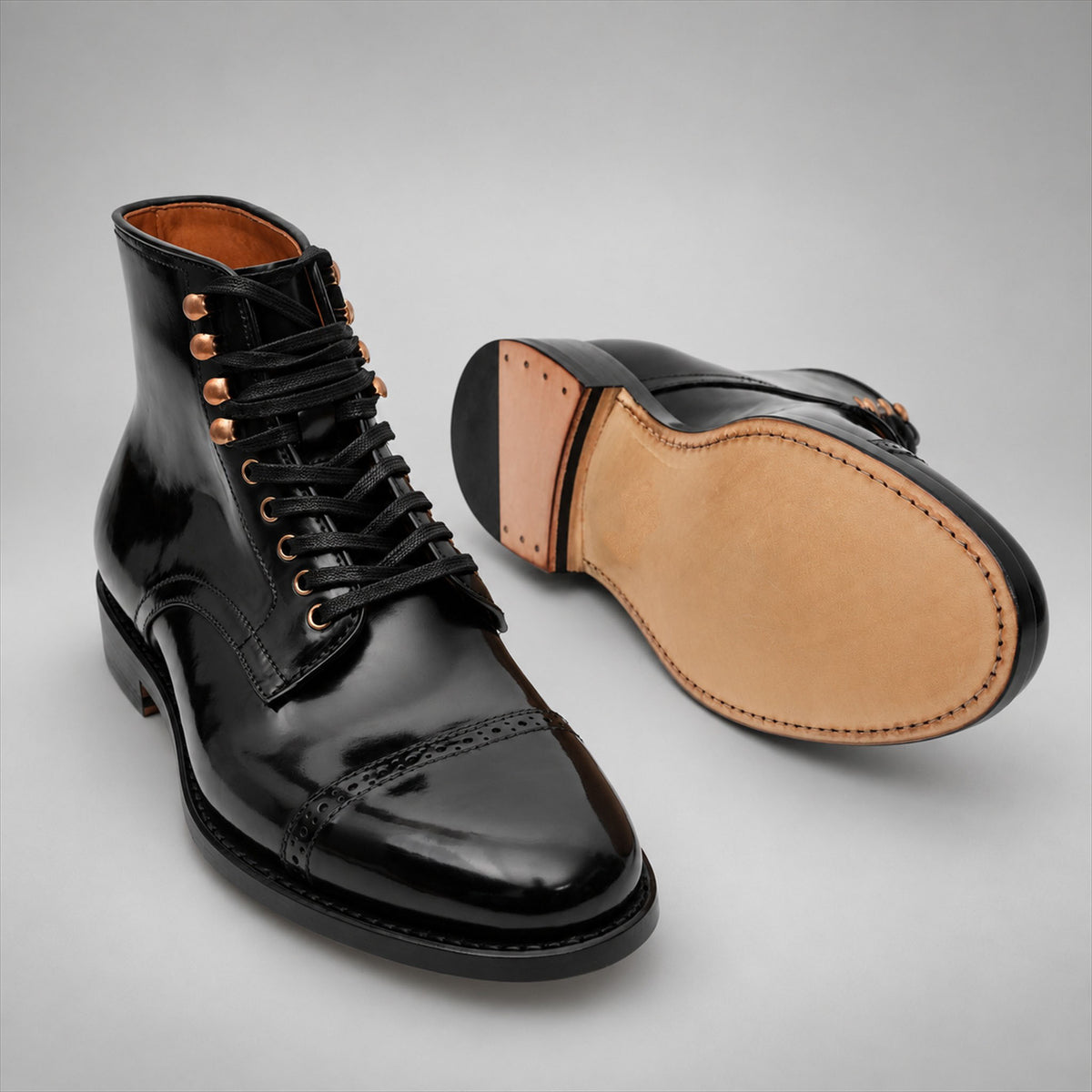 PASCH 267126A Black shell cordovan cap-toe boots, outsole view