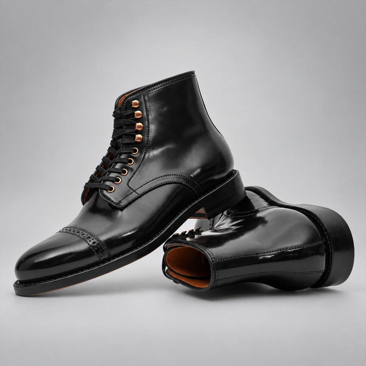 PASCH 267126A Black shell cordovan cap-toe boots, stacked view