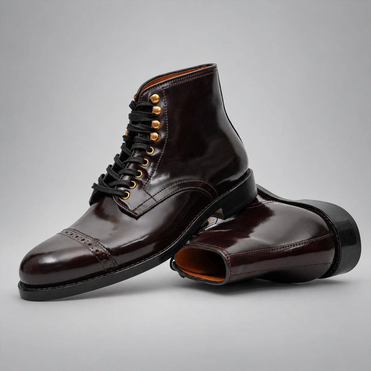 PASCH 267126B Dark Brown shell cordovan cap-toe boots, stacked view