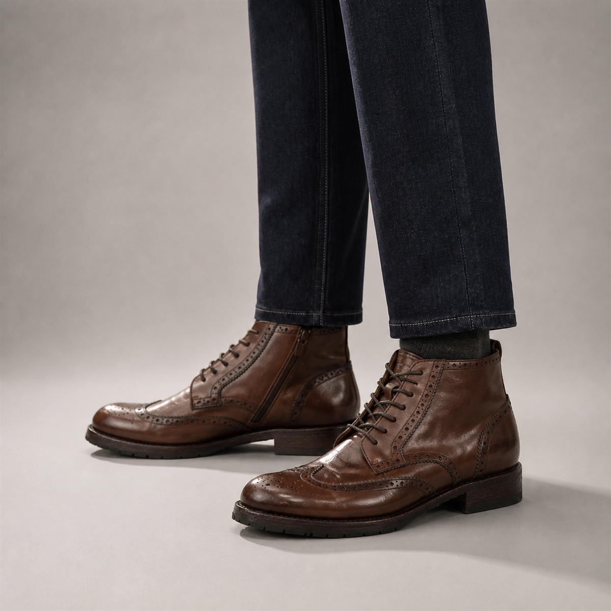 PASCH Alder wingtip boot in coffee brown water-washed leather, worn with dark jeans