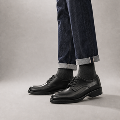 PASCH Harcourt Plain-Toe Derby in Black Water-Washed Leather, on-foot view