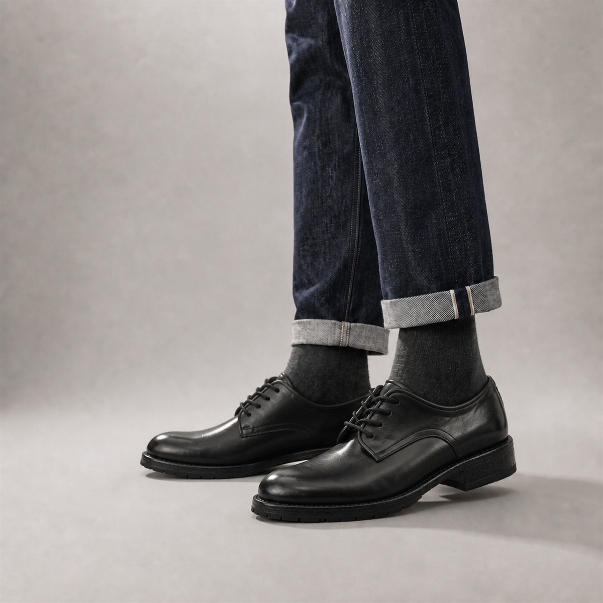 PASCH Harcourt Plain-Toe Derby in Black Water-Washed Leather, on-foot view