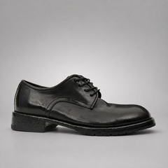 PASCH Harcourt Plain-Toe Derby in Black Water-Washed Leather, side view