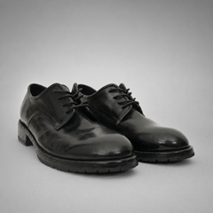 PASCH Harcourt Plain-Toe Derby in Black Water-Washed Leather
