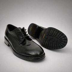 PASCH Harcourt Plain-Toe Derby in Black Water-Washed Leather