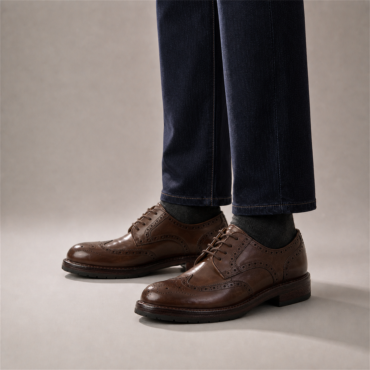 PASCH Kingsley Wingtip Derby in Coffee Brown Water-Washed Leather, on-foot view