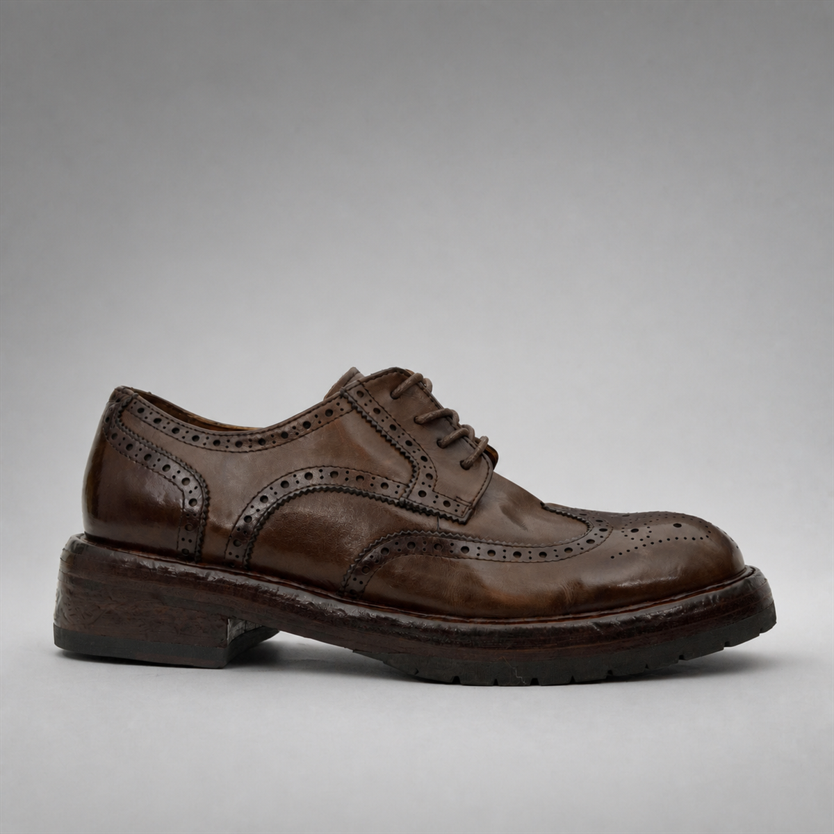 PASCH Kingsley Wingtip Derby in Coffee Brown Water-Washed Leather, side view