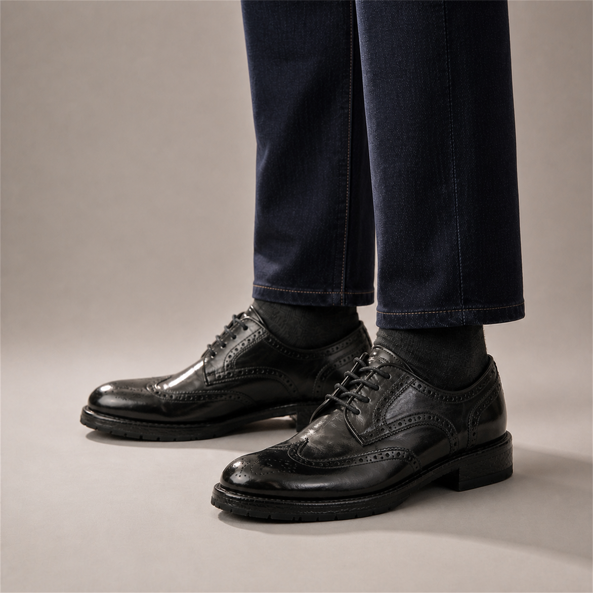 PASCH Kingsley Wingtip Derby in Black Water-Washed Leather, on-foot view