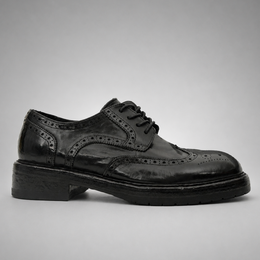 PASCH Kingsley Wingtip Derby in Black Water-Washed Leather, side view