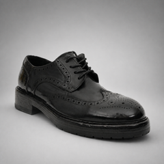 PASCH Kingsley Wingtip Derby in Black Water-Washed Leather