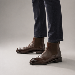 PASCH Regent Chelsea boot in coffee brown water-washed leather, worn with dark jeans