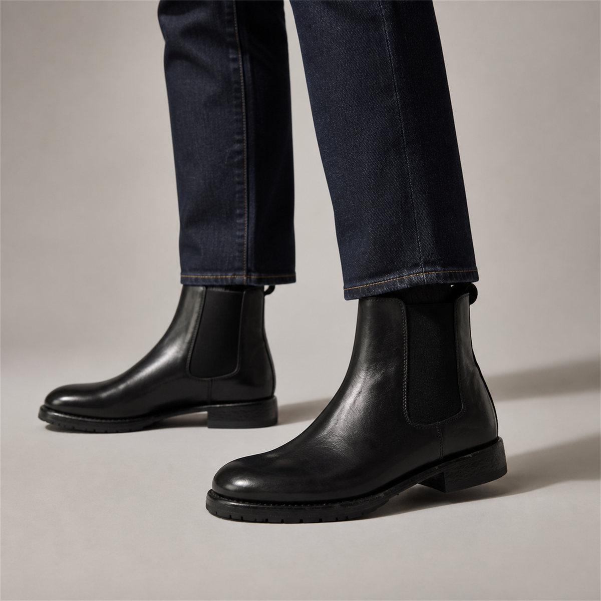 PASCH Regent Chelsea boot in black water-washed leather, worn with dark jeans