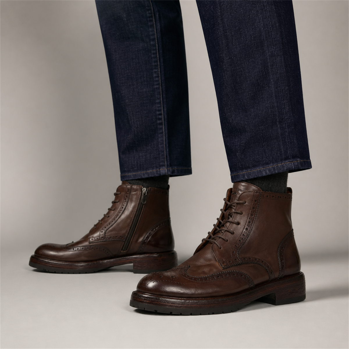 PASCH Beaumont Wingtip Boot in Coffee Brown Water-Washed Leather, on-foot view
