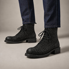 PASCH 262323B Black shell cordovan boots, on-foot view with both feet
