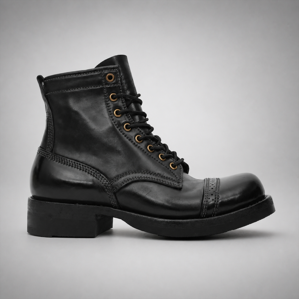 PASCH Frontier Cap-Toe Service Boot in Black Horse Leather, side view
