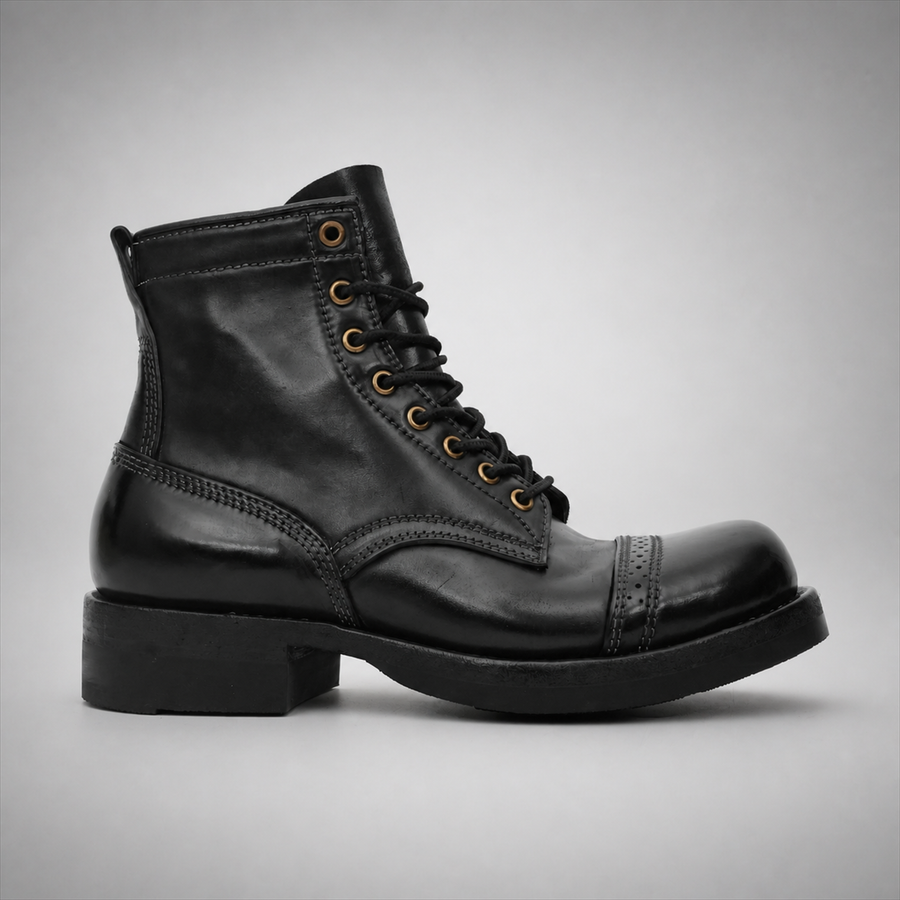 PASCH Frontier Cap-Toe Service Boot in Black Horse Leather, side view