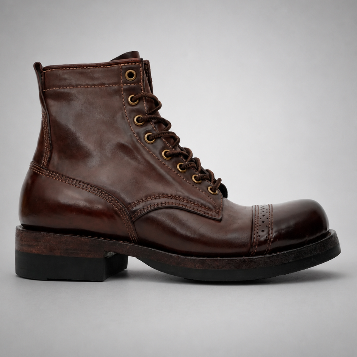 PASCH Frontier Cap-Toe Service Boot in Coffee Brown Horse Leather, side view