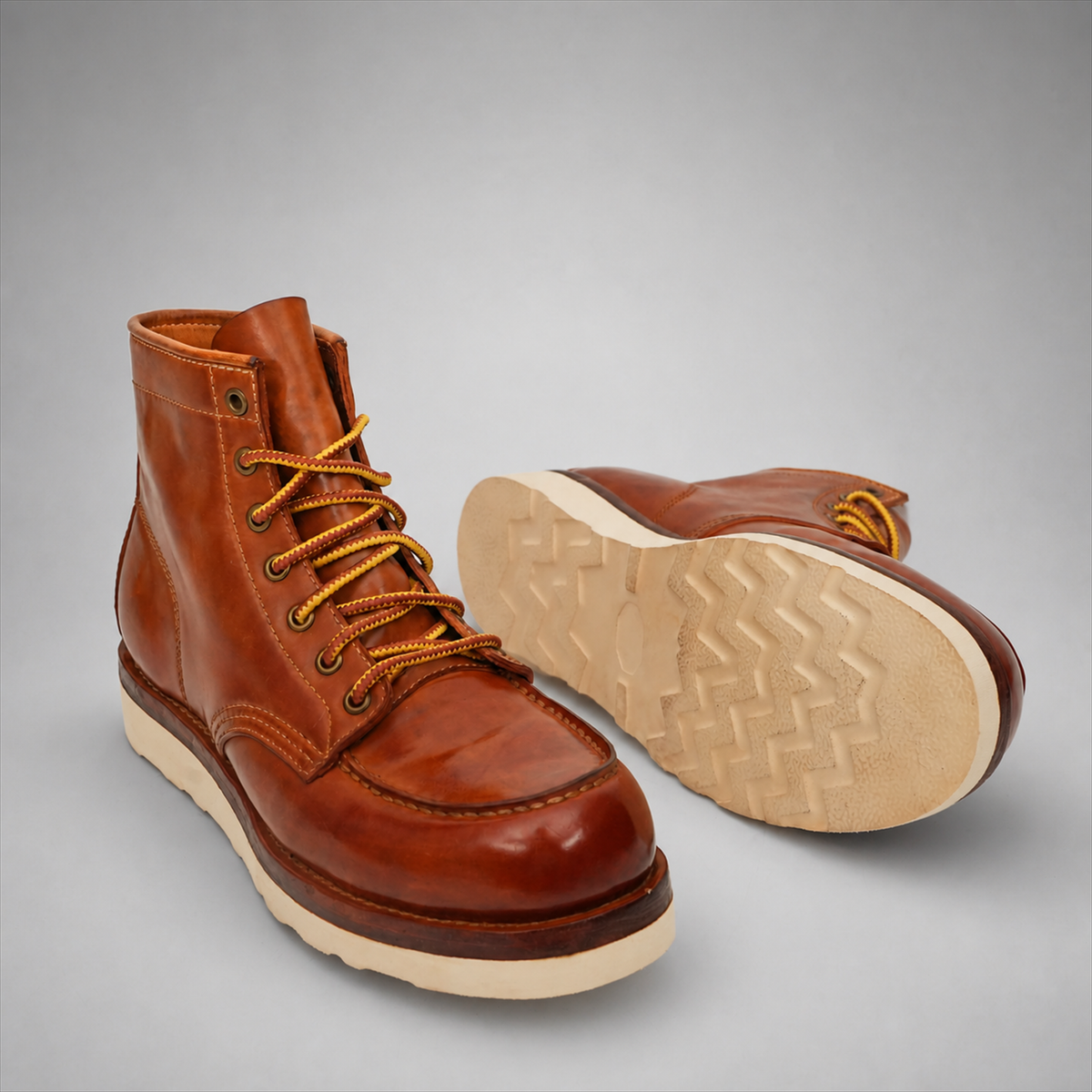 PASCH Railman Moc-Toe Wedge Boot in Brown Horse Leather