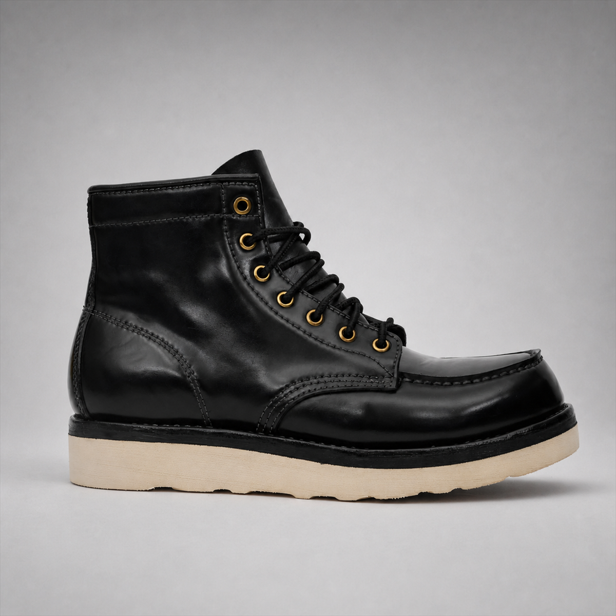 PASCH Railman Moc-Toe Wedge Boot in Black Horse Leather, side view