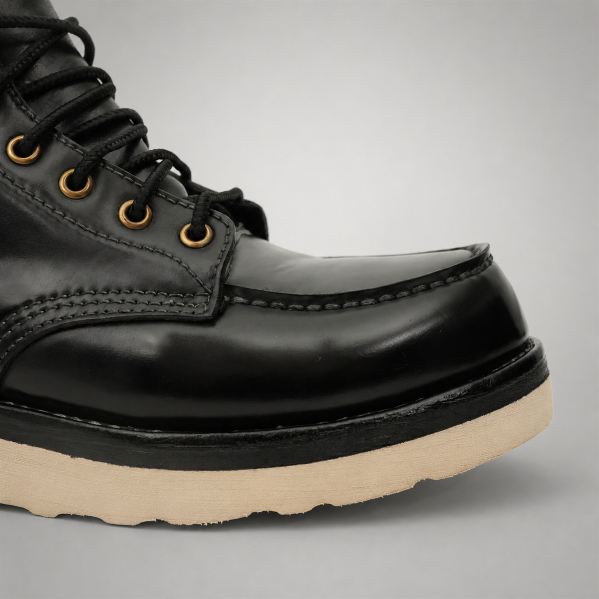 PASCH Railman Moc-Toe Wedge Boot in Black Horse Leather