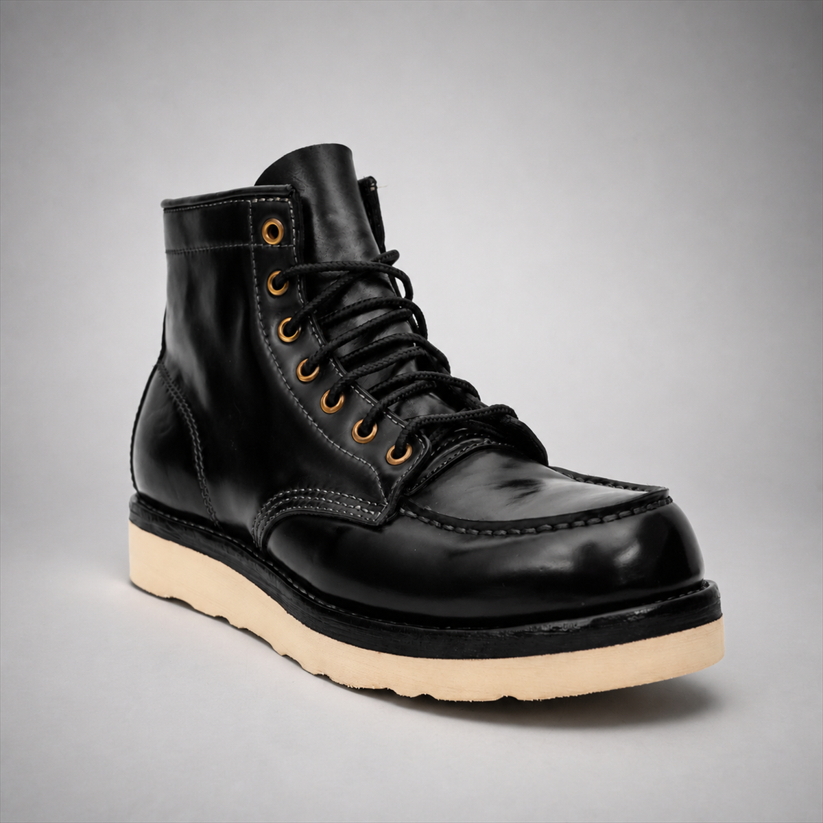 PASCH Railman Moc-Toe Wedge Boot in Black Horse Leather
