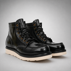 PASCH Railman Moc-Toe Wedge Boot in Black Horse Leather