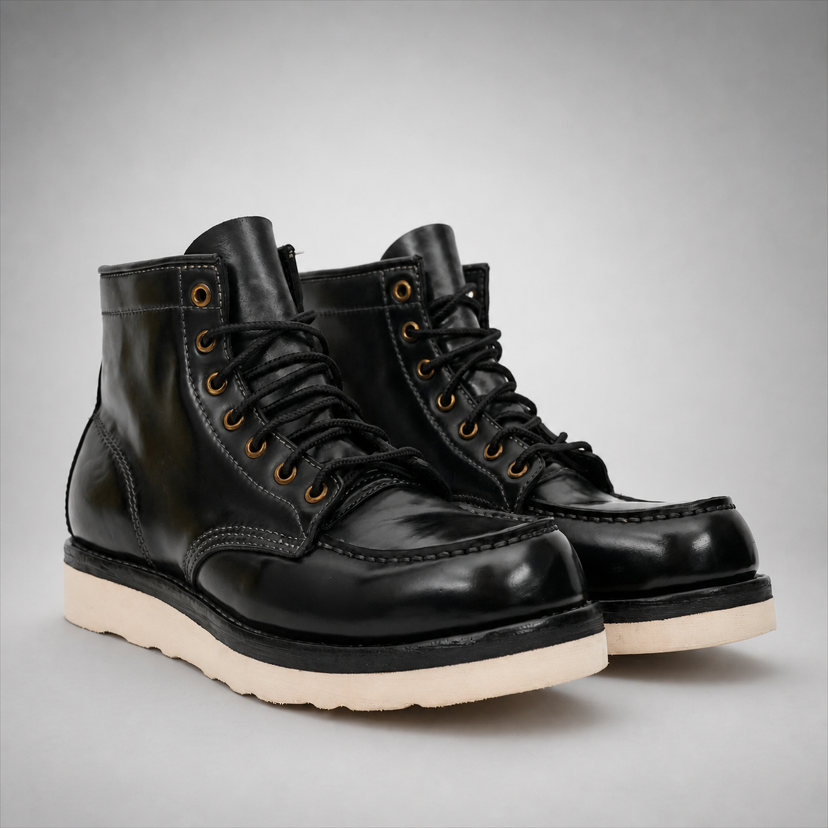 PASCH Railman Moc-Toe Wedge Boot in Black Horse Leather
