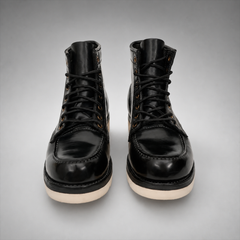 PASCH Railman Moc-Toe Wedge Boot in Black Horse Leather