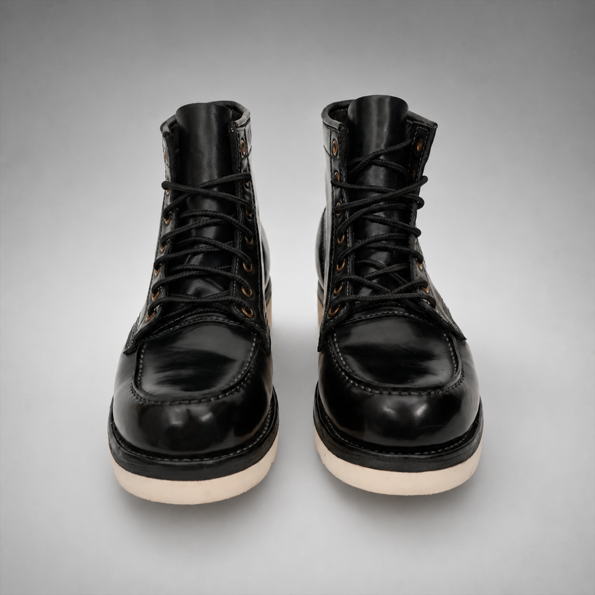 PASCH Railman Moc-Toe Wedge Boot in Black Horse Leather