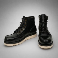 PASCH Railman Moc-Toe Wedge Boot in Black Horse Leather
