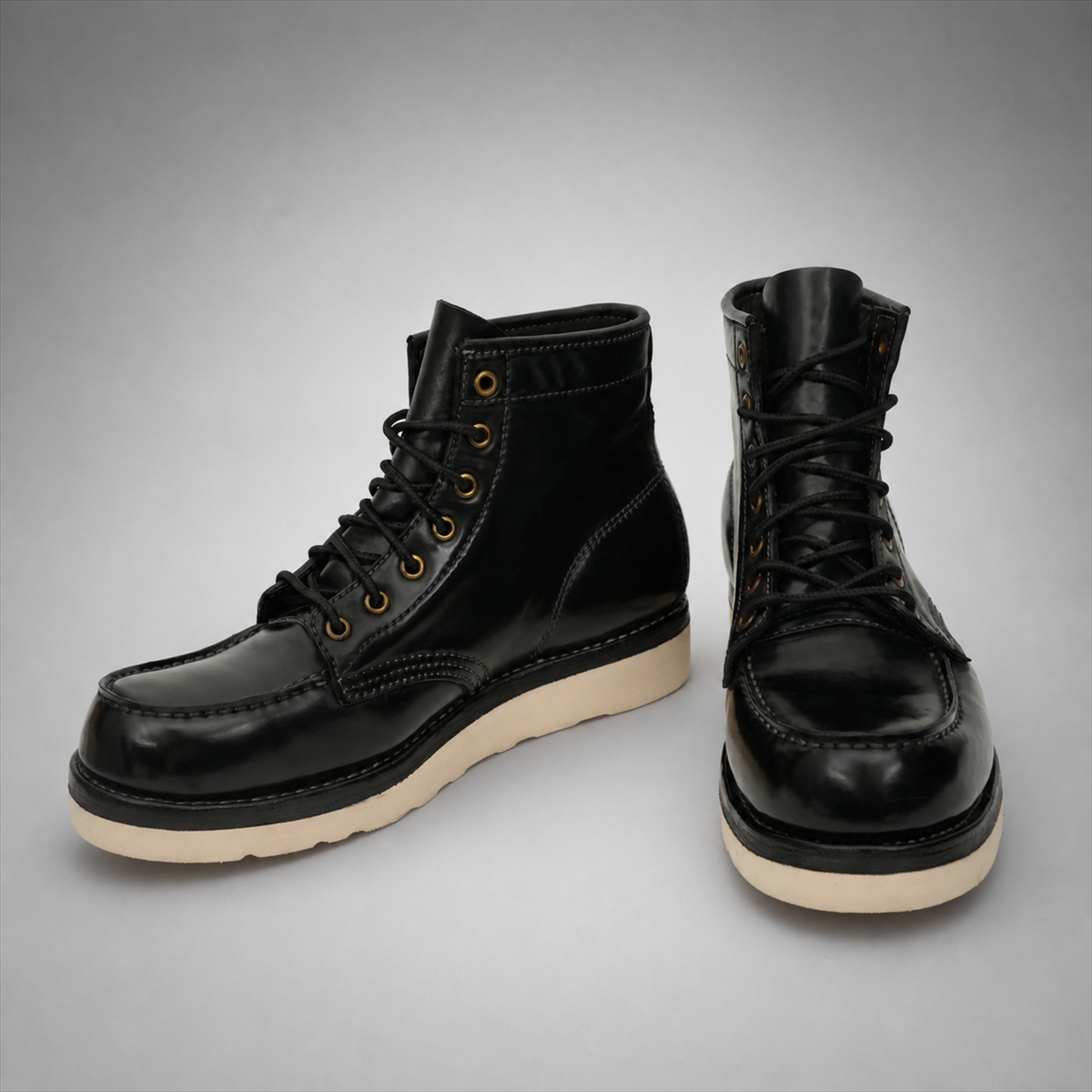 PASCH Railman Moc-Toe Wedge Boot in Black Horse Leather