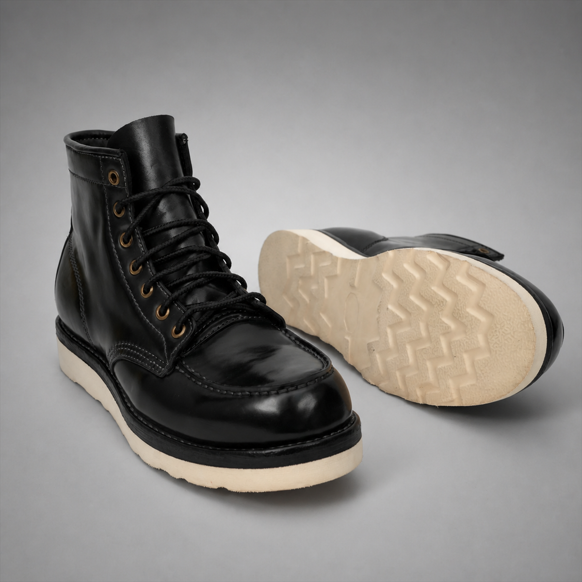 PASCH Railman Moc-Toe Wedge Boot in Black Horse Leather
