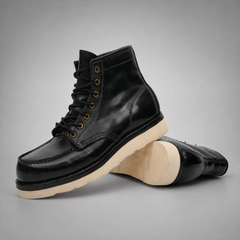 PASCH Railman Moc-Toe Wedge Boot in Black Horse Leather