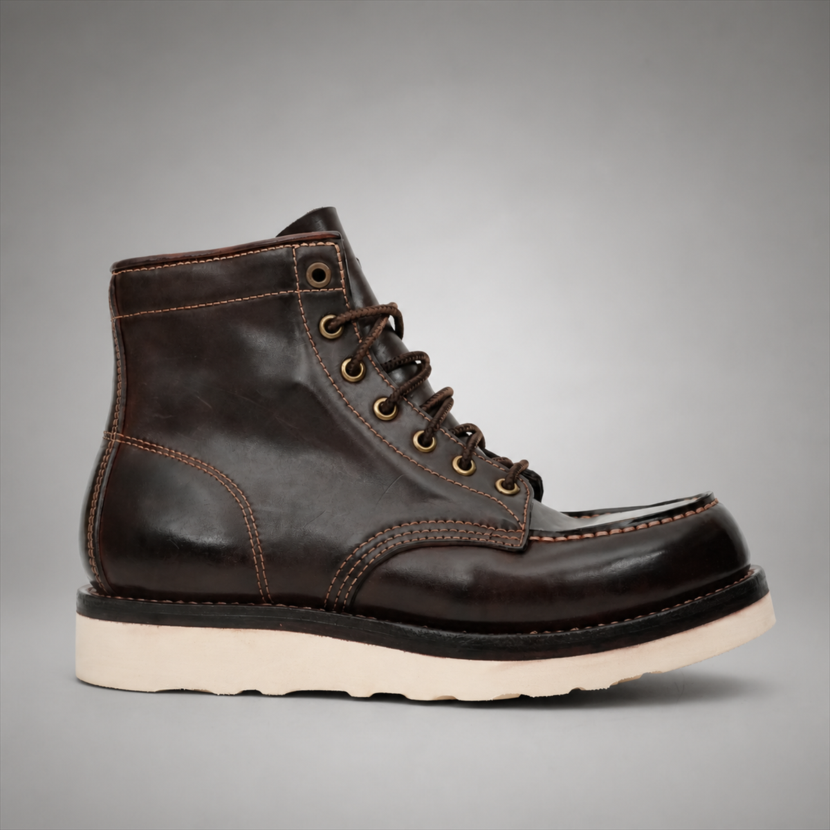 PASCH Railman Moc-Toe Wedge Boot in Coffee Brown Horse Leather, side view