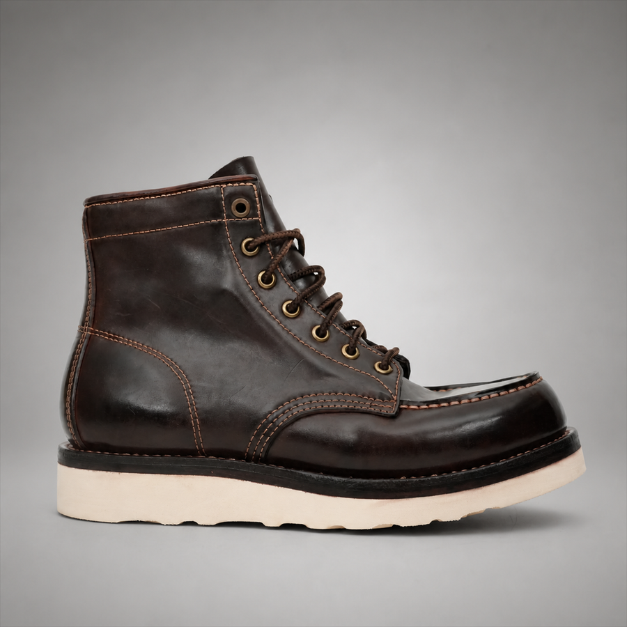 PASCH Railman Moc-Toe Wedge Boot in Coffee Brown Horse Leather, side view