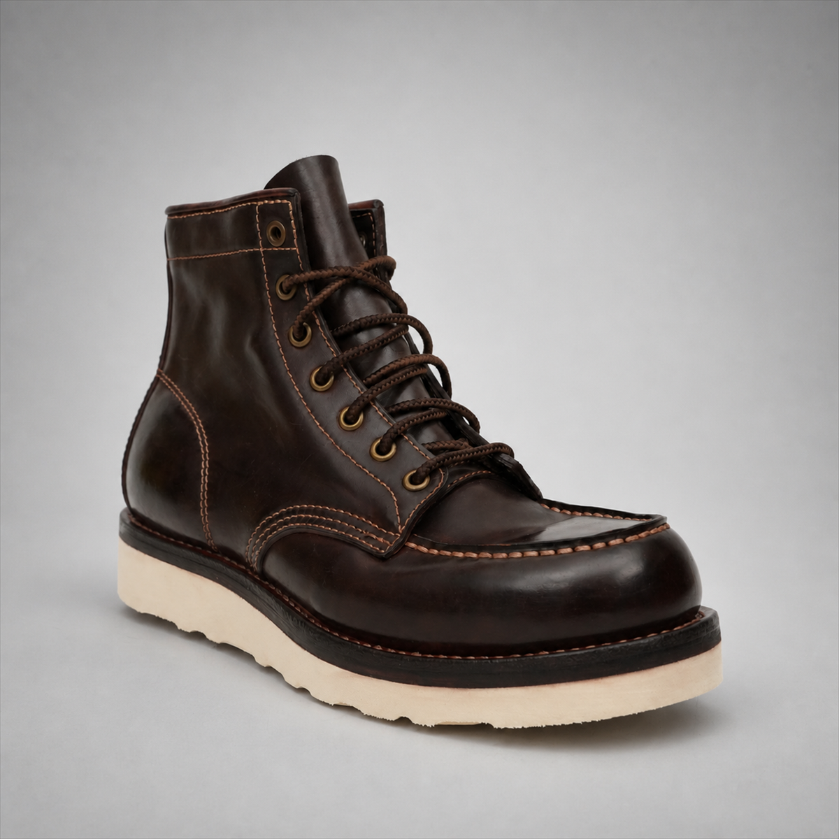 PASCH Railman Moc-Toe Wedge Boot in Coffee Brown Horse Leather