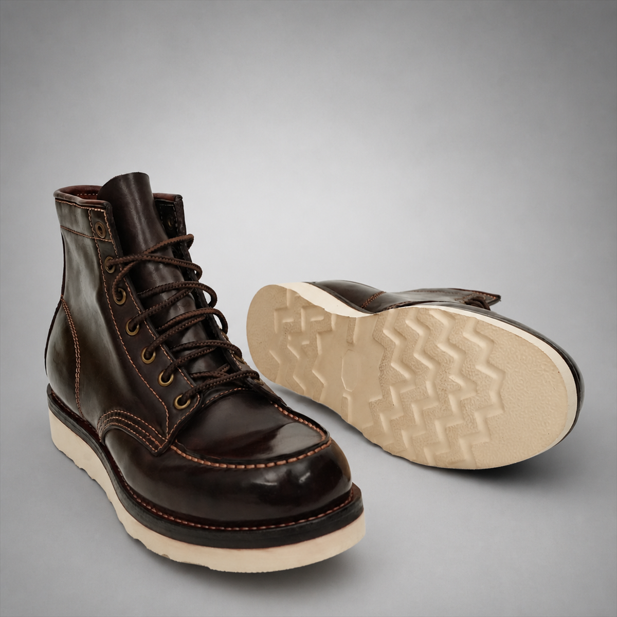 PASCH Railman Moc-Toe Wedge Boot in Coffee Brown Horse Leather