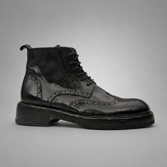 PASCH Beaumont Wingtip Boot in Black Water-Washed Leather, side view