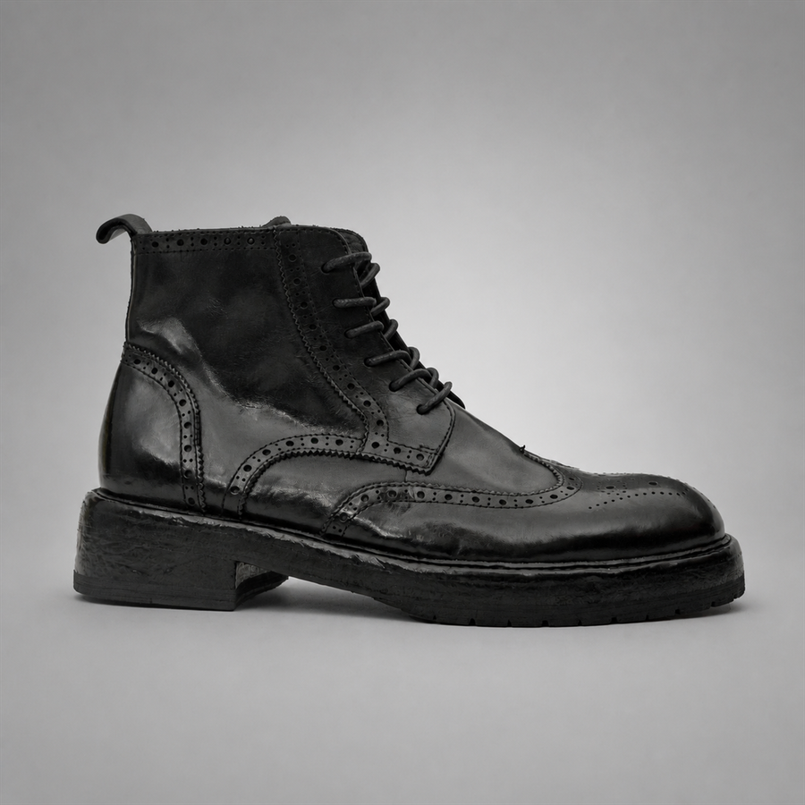 PASCH Beaumont Wingtip Boot in Black Water-Washed Leather, side view