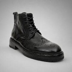 PASCH Beaumont Wingtip Boot in Black Water-Washed Leather