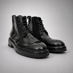 PASCH Beaumont Wingtip Boot in Black Water-Washed Leather