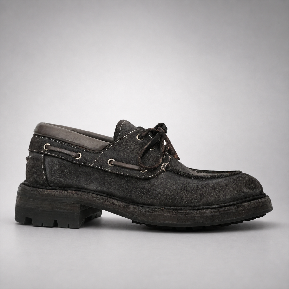 PASCH Mariner Boat Shoe in Gray Roughout Shell Cordovan, side view